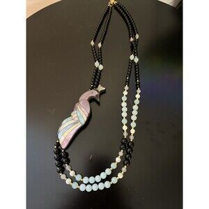 Vintage Peacock  Mother Of Pearl Onyx Jade Beaded Necklace Double Strand 29”